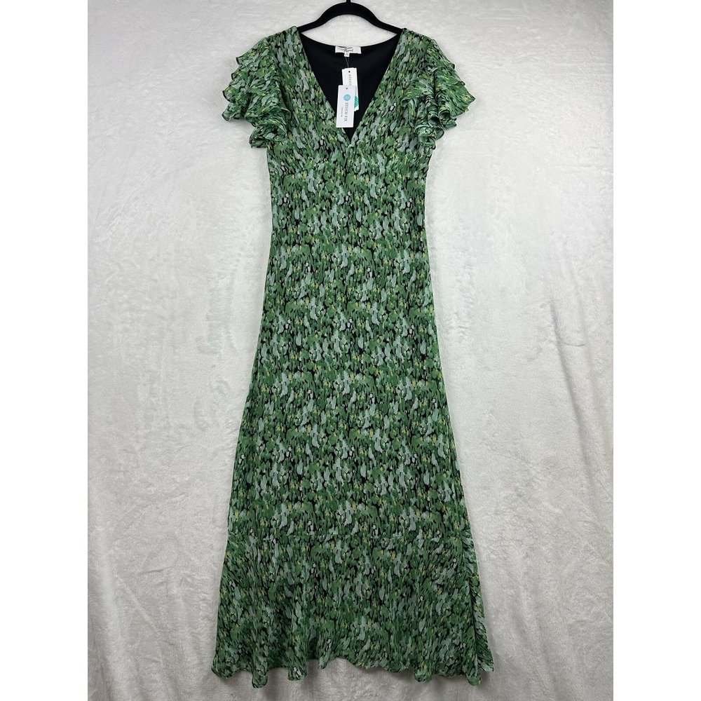 Beacon Apparel Geena Chiffon Midi Dress S Flutter Sleeve Green Black